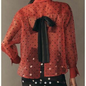 Maeve Sheer Organza Polka Dot Blouse with Black Bow